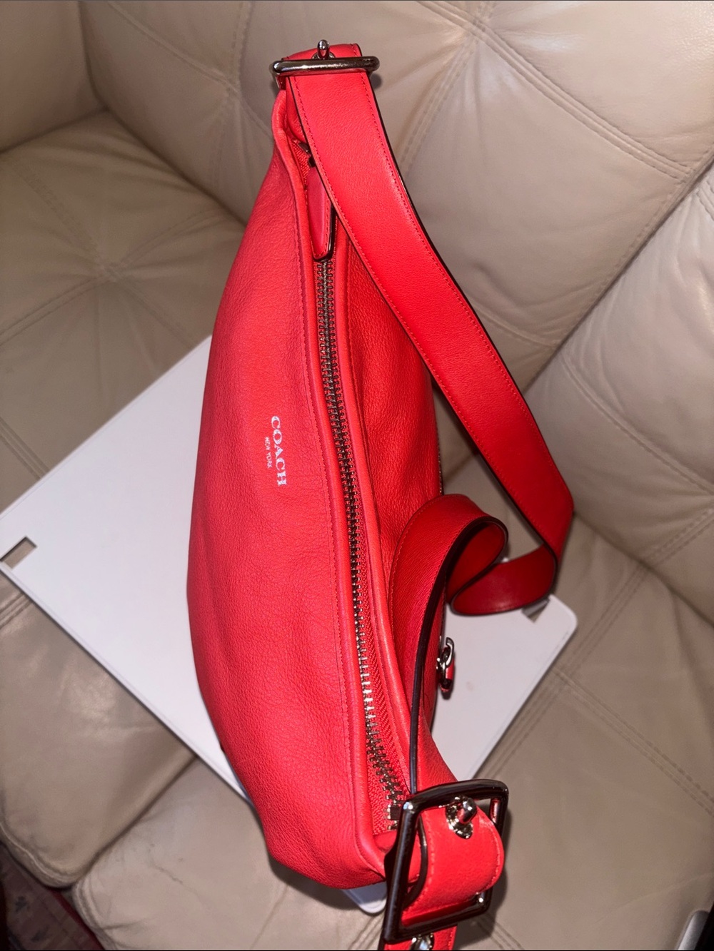COACH Red Leather Tassel 2WAY Shoulder Bag Authentic Large Leather Tote - Picture 9 of 14